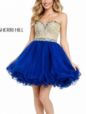 Sherri Hill Size 00
Blue Gold Beaded Strapless
Homecoming Dress Pageant